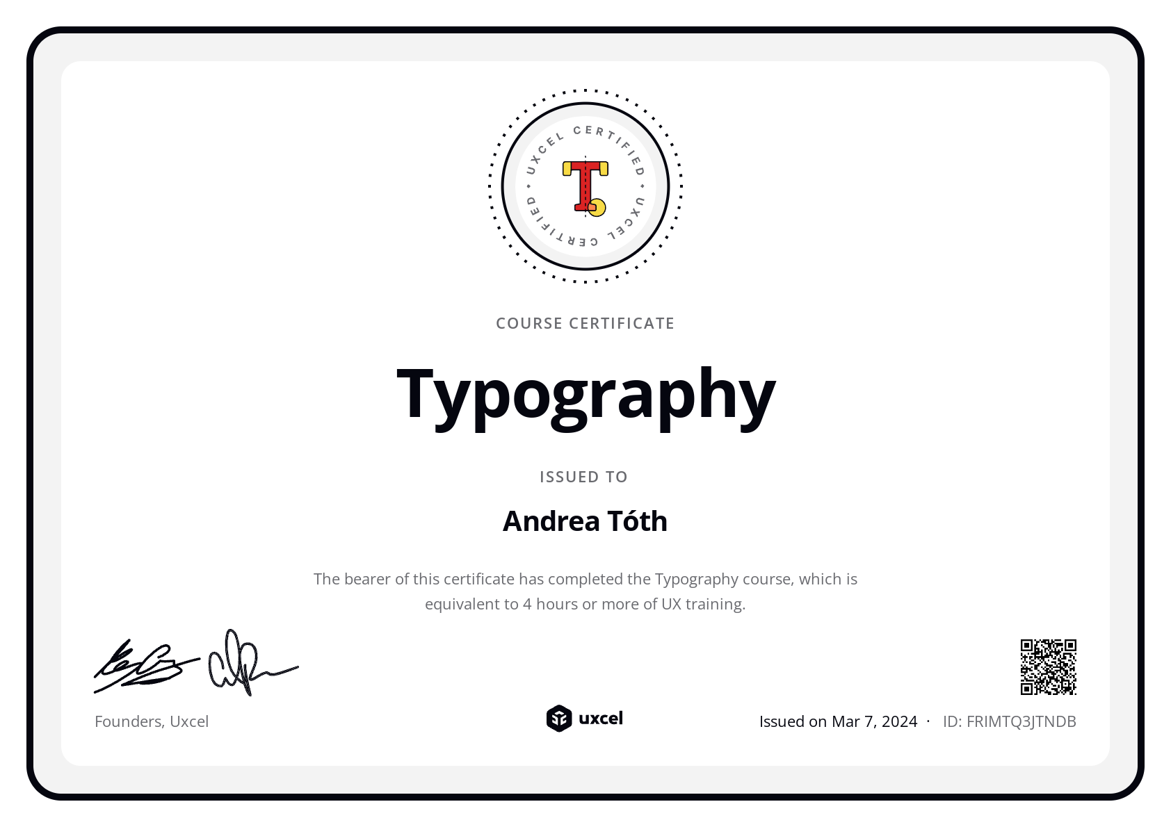 Andrea Tóth's certificate